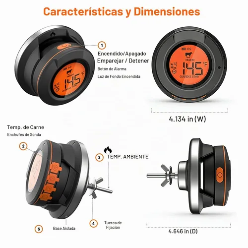 Vista 4 de Termómetro digital Bluetooth para parrilla, termómetro para ahumar con 2 sondas de carne