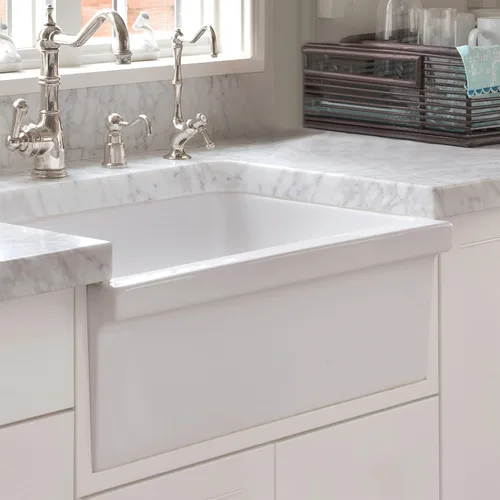 Vista 4 de Whitehaus WHQ330-WH Farmhaus Quatro Alcove - Fregadero reversible de arcilla refractaria de 30 pulgadas con delantal estriado, color blanco