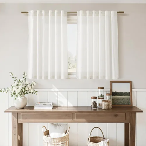 Vista 7 de Nanspring - Cortinas cortas de lino semitraslúcidas, con pestañas traseras y jareta, filtrado de luz; para cocina, ventana pequeña, sótano, Café