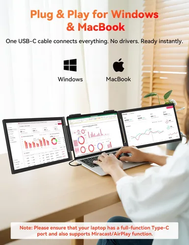 Vista 2 de Extensor de pantalla para portátil 1080P de 14", conexión de un cable (Windows y Mac) Dual Screen USB-C HDMI Wireless & Wired Travel Extended