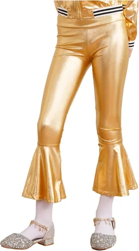 Vista 4 de JEATHA Pantalones acampanados metálicos brillantes para niñas y niñas, pantalones de baile de discoteca con parte inferior de campana, pantalones