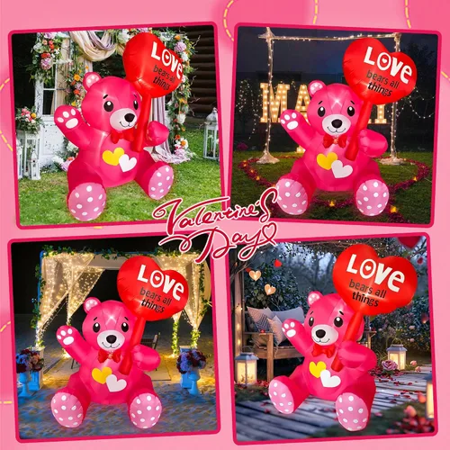 Vista 4 de SEASONBLOW Oso inflable de 4 pies para el día de San Valentín con corazón iluminado por LED, decoración para patio, césped, jardín, hogar, fiesta