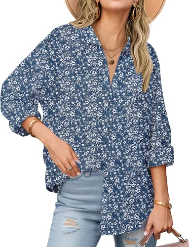 Vista 18 de Zeagoo - Blusas de lino con botones para mujer, de gasa, algodón, manga larga, blusas informales con cuello, corte holgado