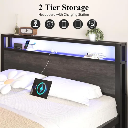 Vista 54 de LOEWAY Base de cama tamaño Queen con cabecero de almacenamiento y luces LED, color gris