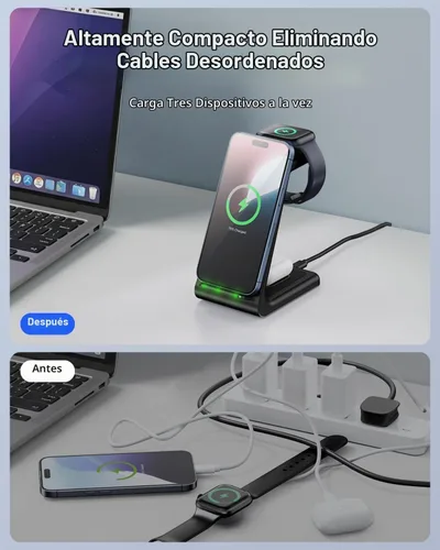 Vista 4 de Intoval Estación de carga inalámbrica 3 en 1 para iPhone y Apple Watch, soporte de cargador inalámbrico rápido, base de carga de escritorio compacta