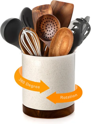 Vista 15 de Nucookery Soporte giratorio para utensilios de cocina de 360°, 7.2 pulgadas, organizador de utensilios de cocina de cerámica blanca, decoración