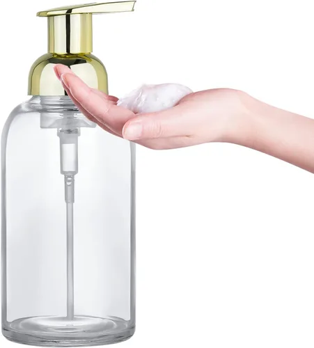 Vista 2 de Dispensador de jabón espumoso, dispensador de jabón en tarro de vidrio grueso con bomba de espuma dorada, dispensador de botellas redondas de 13