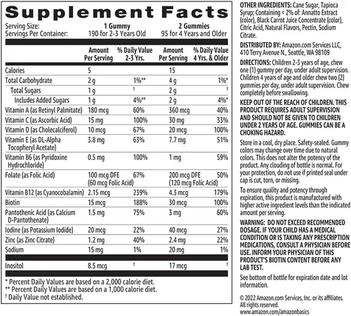 Vista 5 de Amazon Basics Multivitamínico para niños, 190 gomitas, naranja, cereza y fresa (anteriormente Solimo)