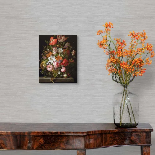 Vista 4 de CANVAS ON DEMAND Naturaleza muerta de rosas, lirios, tulipanes y otras flores en un jarrón de cristal, lienzo impreso para pared, por Rachel