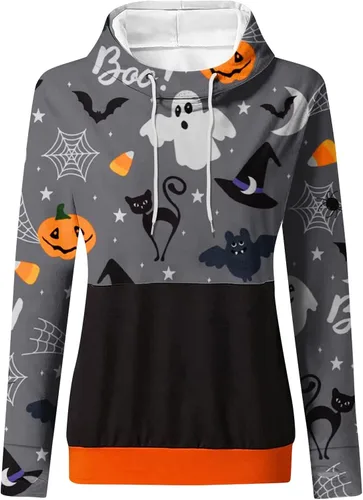 Vista 4 de UODSVP Disfraz de Halloween para mujer casual estampado de moda manga larga cuello redondo sudadera con capucha
