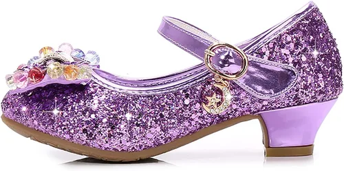 Vista 5 de Zapatos de princesa para niños y niñas, con lentejuelas y diamantes de imitación, zapatos de baile de cristal para niños (morado, 5 años)