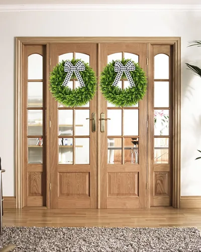 Vista 6 de Vlorart - Corona de boj artificial de 20 pulgadas, corona de puerta delantera con decoración de primavera y verano, con un lazo y una faja