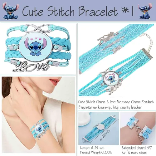 Vista 5 de EMISOO Stitch Merchandise Stuff Set de regalo para niñas, bolsa con cordón de dibujos animados de Stitch Anime, cordón para llavero, pulseras
