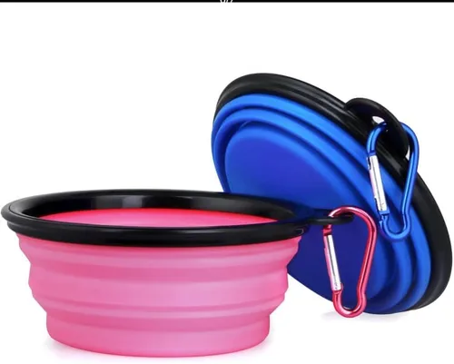 Vista 2 de Juego de cuencos plegables para mascotas, cuencos portátiles de silicona para alimentos y agua con clip de mosquetón, multicolor, diseño que ahorra
