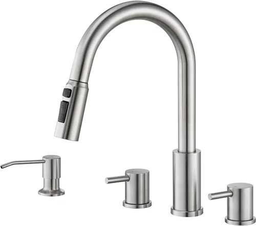 Vista 9 de Tohlar Grifo de cocina de 4 agujeros, grifo de cocina dorado cepillado con dispensador de jabón y rociador extraíble, 3 modos, grifo de fregadero
