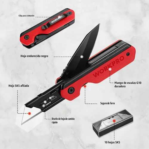 Vista 3 de WORKPRO Cuchillo plegable 2 en 1, cortador de caja de cambio rápido con clip para cinturón, bloqueo de revestimiento y mango G10, 10 cuchillas SK5