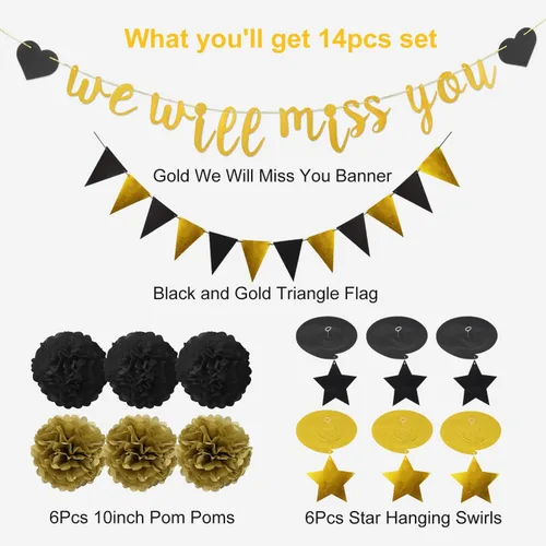 Vista 2 de Kit de suministros de decoración de fiesta de despedida – 14 piezas – Bandera de Te Extrañaremos, Bandera triangular, 6 espirales de estrella, 6