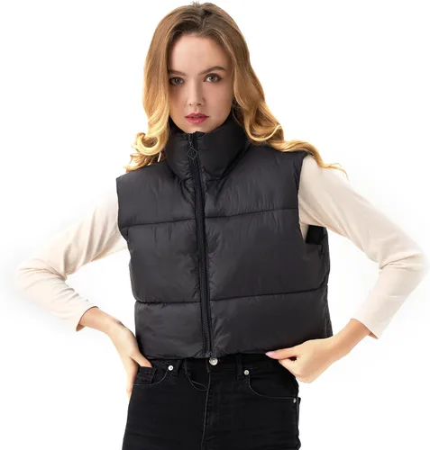 Vista 7 de Chaleco acolchado recortado para mujer, ligero, sin mangas, cálido, para invierno, con cuello alto, acolchado