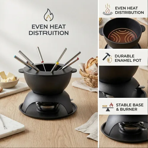 Vista 7 de Artestia Olla de fondue de hierro fundido para chocolate, olla de fondue de queso de 5 tazas con 6 tenedores de colores para fiesta de fondue, 4-6