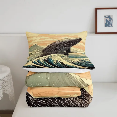 Vista 5 de Erosebridal Juego de edredón de ballena náutica, tamaño individual, juego de ropa de cama vintage azul con ondas oceánicas para niños y niñas