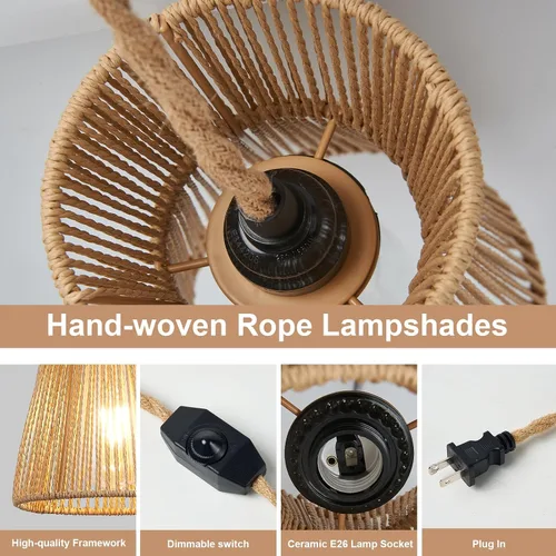 Vista 3 de Lámpara Colgante Enchufable de 15 pies con Cable, Interruptor Regulable, Lámpara Colgante de Ratán con Mimbre Tejido a Mano, Candelabro Enchufable