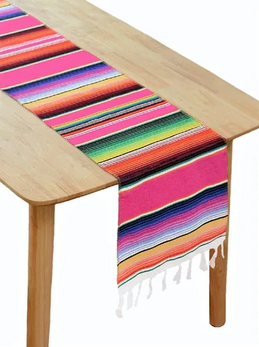 Vista 8 de BOXAN Camino de mesa de serape mexicano para decoración de boda, picnic al aire libre, mesa de comedor, manta de algodón con flecos, caminos de mesa