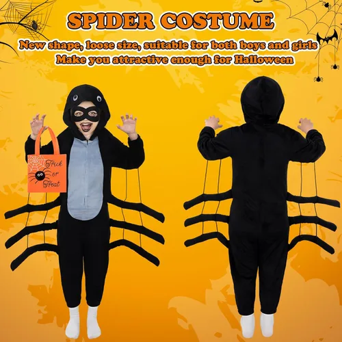 Vista 4 de Jeyiour Disfraz de araña para niños, traje de araña, para Halloween, bolsas de mano elásticas de fieltro negro, máscaras de ojos para niños, fiesta