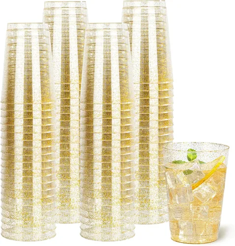 Vista 21 de I00000 Paquete de 100 unidades de vasos de plástico dorado de 12 onzas, vasos desechables con borde dorado, vasos de vino desechables y copas