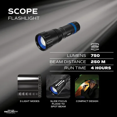 Vista 2 de Police Security Scope - Linterna ultra brillante de 750 lúmenes, compacta, resistente, 3 modos, enfoque deslizante, 4 pilas AAA, perfecta