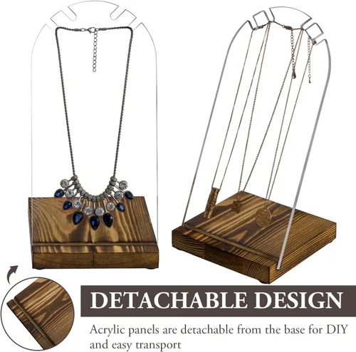 Vista 2 de MyGift Moderno soporte de collar doble de acrílico transparente con panel desmontable y base de madera maciza rústica quemada, soporte de caballete