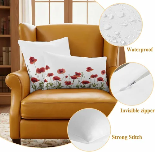 Vista 8 de Fundas de cojín impermeables con diseño de amapola roja en acuarela para exteriores, diseño de flores de jardín, paquete de 2 fundas de almohada