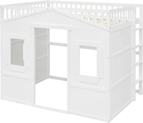 Vista 5 de Cama tipo loft de techo de casa de tamaño matrimonial con escalera, marco de cama de madera que ahorra espacio con barandilla y ventana