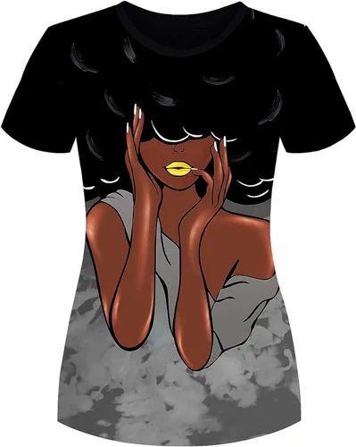 Vista 5 de Camisa para mujer con estampa 3D de mujer negra, con afro, pelo natural, camisa informal Negro-10