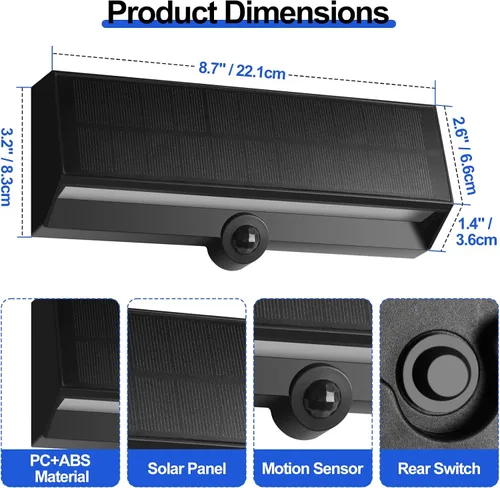 Vista 8 de FUDESY Luz solar de pared con sensor de movimiento para exteriores, 3 modos Lámpara de porche exterior impermeable, 3000 K, blanco cálido, 800