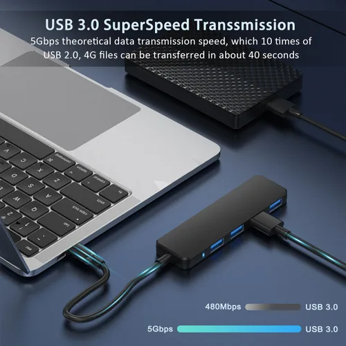 Vista 2 de Hub USB para laptop, 4 puertos USB 3.0 Hub USB Splitter USB Extender USB para laptop, MacBook, Mac Pro, Mac mini, iMac, Surface Pro, XPS, PC, unidad