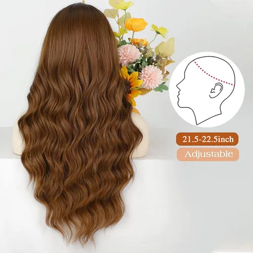 Vista 5 de Lativ Peluca castaña con flequillo para mujer, larga, ondulada, sintética Beginner Friendly,Natural Looking,Silky Smooth Texture,Heat Resistant