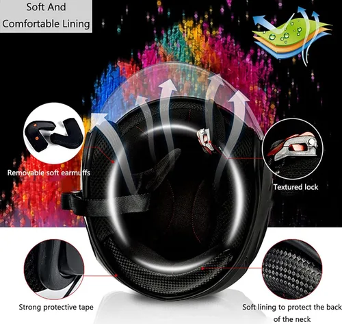 Vista 6 de Casco Bluetooth para motocicleta 3/4, casco retro abierto con visera solar, casco de moto Jet para hombres y mujeres adultos, casco aprobado por DOT
