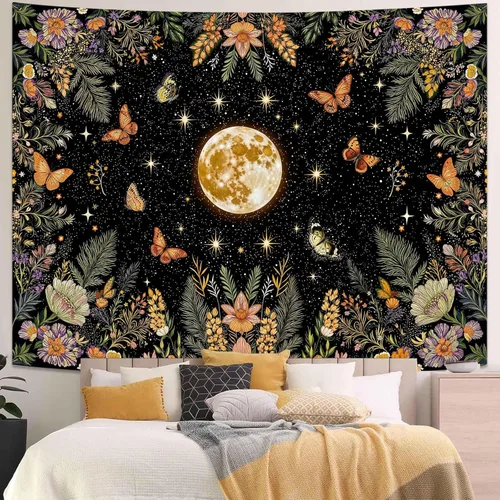 Vista 8 de Kanuyee Tapiz Floral de Luna Tapiz de Flores para Dormitorio Tapices Bohemios para Colgar en la Pared Estético para Dormitorio y Sala de Estar Luna