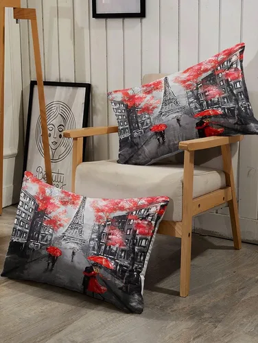 Vista 5 de Suncloris Paris - Juego de edredón Queen de la Torre Eiffel, fundas de almohada de hojas de arce para parejas (rojo, Queen)
