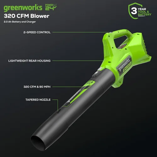 Vista 2 de Greenworks Soplador de hojas axial inalámbrico de 24 V (90 MPH / 320 CFM / más de 200 herramientas compatibles), batería de 2.0 Ah y cargador