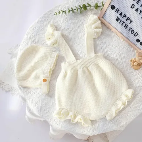 Vista 3 de LAWKUL Ropa de bebé niña de punto, pantalones cortos con volantes, manga voladora con sombrero, para recién nacido, overol para bebé recién nacido