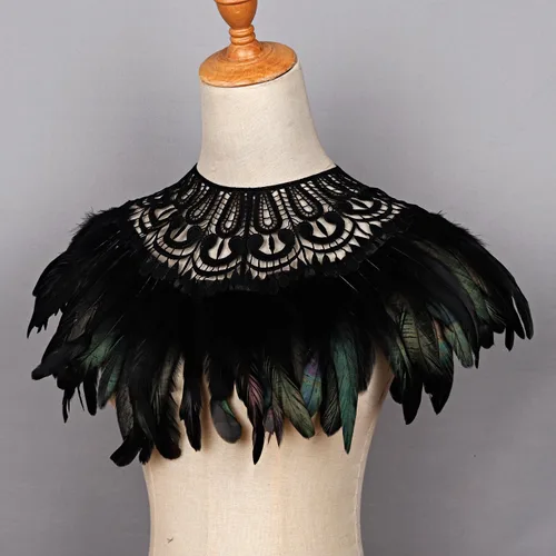 Vista 7 de L'VOW Real Negro Pluma Arnés Collar Collar Collar Babero Halloween