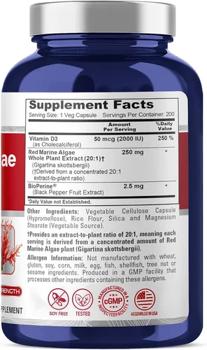 Vista 2 de NusaPure Algas marinas rojas 5,000 mg 200 cápsulas vegetales (sin OMG y sin gluten) Bioperine
