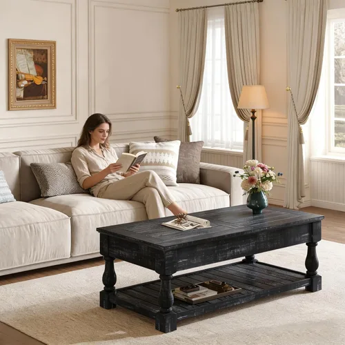 Vista 8 de Henf Mesa auxiliar elevable con almacenamiento, mesas de centro de madera maciza de 47.24 pulgadas con parte superior elevable, 3 bandejas