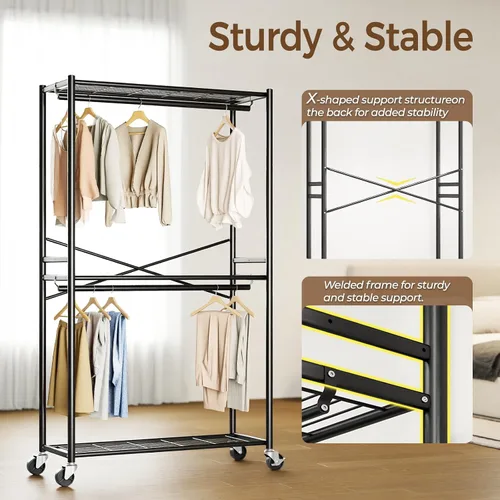 Vista 4 de HYSEYY Rolling Clothes Rack Heavy Duty Clothing Rack for Hanging Clothes Freestanding Garment Rack with Shelves & Wheels, Sturdy Portable Wardrobe