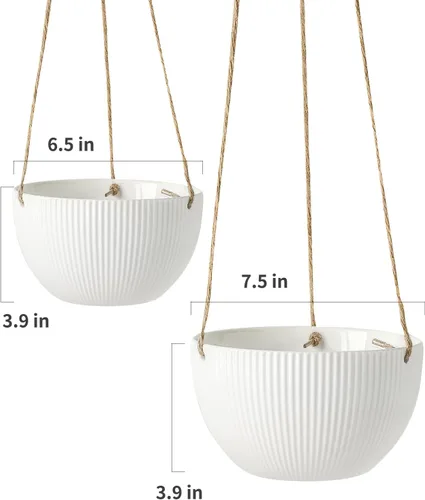Vista 3 de UBEE Macetas colgantes de cerámica para interiores y exteriores, maceta colgante de 7.5 pulgadas + 6.5 pulgadas para plantas, cesta colgante