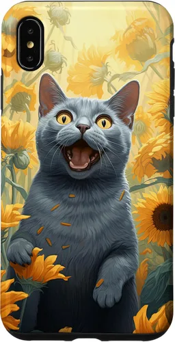 Vista 7 de iPhone 14 divertido gato ruso azul cara con girasol pintura caso