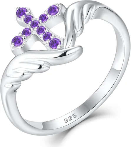 Vista 2 de STARCHENIE Cross Ring 925 Sterling Silver Angel Wings Ring for Women Size 5-10 02-Amatista-Febrero