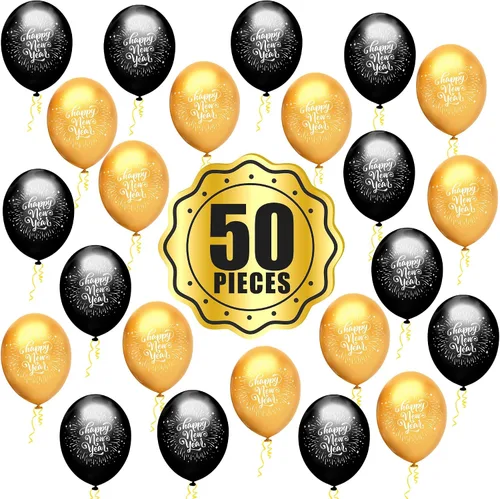 Vista 9 de KatchOn, Globos negros y dorados de Año Nuevo 2026 – Paquete de 50 Globos de látex de Feliz Año Nuevo Globo de látex dorado y negro