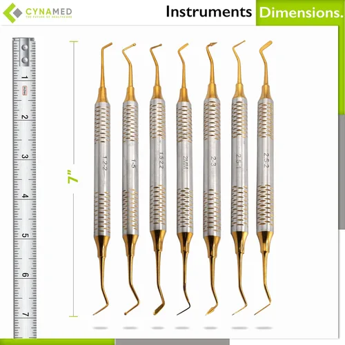 Vista 3 de Juego de 7 instrumentos de llenado de amalgama de ionómero de vidrio compuesto de doble extremo, titanio dorado, mango liso, instrumentos dentales
